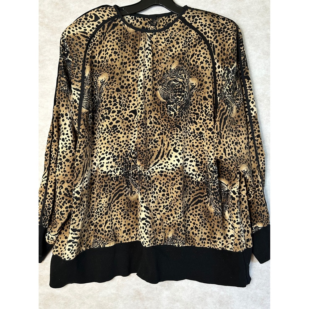 Vintage Tandy for Chez California Leopard Big Cat Print Button Back Top Tan Blk
